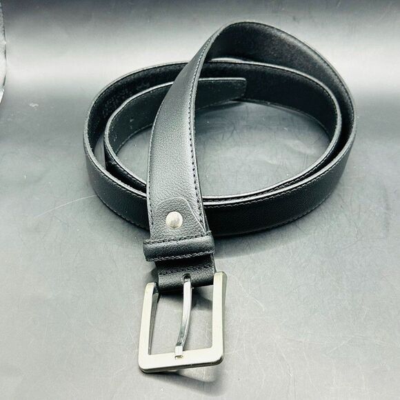 Mens Belt size 43 Black Leather Silver Square Buckle 49 Inches Length - Picture 1 of 10